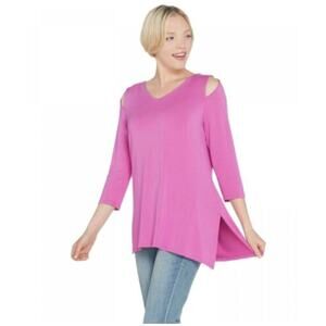 Belle by Kim Gravel Knit Top XXS Purple Asymmetric Hem Slit Shoulder Detail NWOT